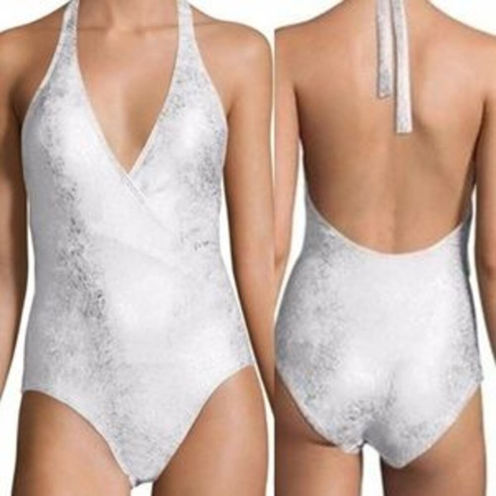 Carmen Marc Calco white and silver faux wrap one piece swim suit women's size 10